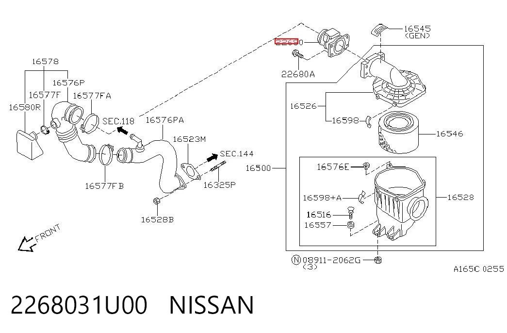 2268031U00 Nissan/Infiniti Sensor de fluxo (consumo) de ar, medidor de consumo M.A.F. - (Mass Airflow)