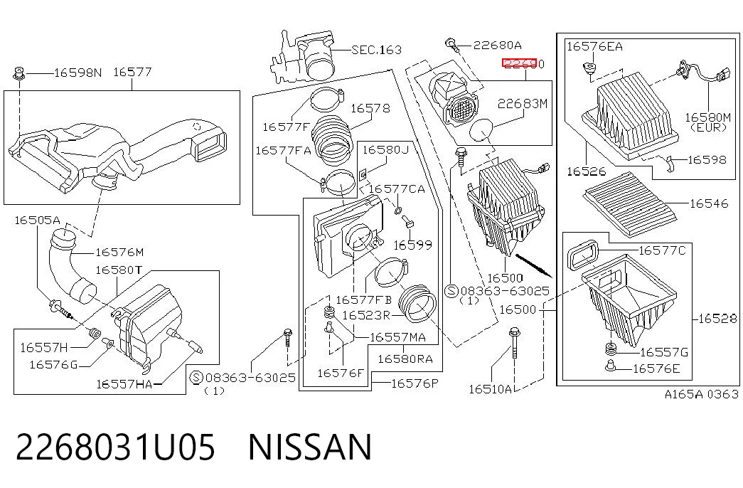 2268031U05 Nissan/Infiniti Sensor de fluxo (consumo) de ar, medidor de consumo M.A.F. - (Mass Airflow)
