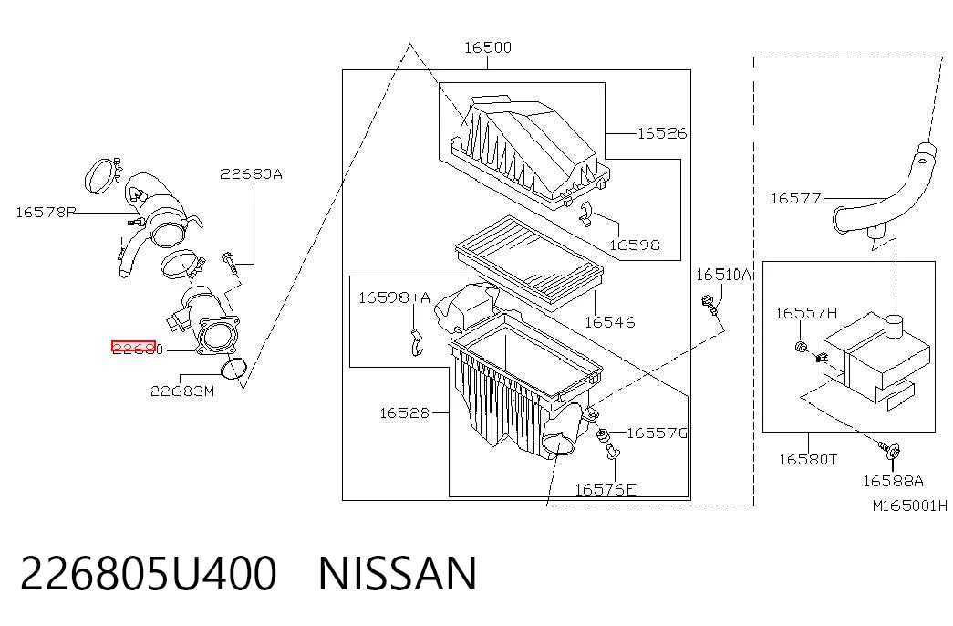 226805U400 Nissan/Infiniti Sensor de fluxo (consumo) de ar, medidor de consumo M.A.F. - (Mass Airflow)