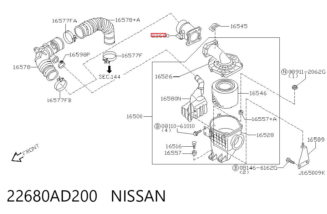 22680AD200 Nissan/Infiniti Sensor de fluxo (consumo) de ar, medidor de consumo M.A.F. - (Mass Airflow)