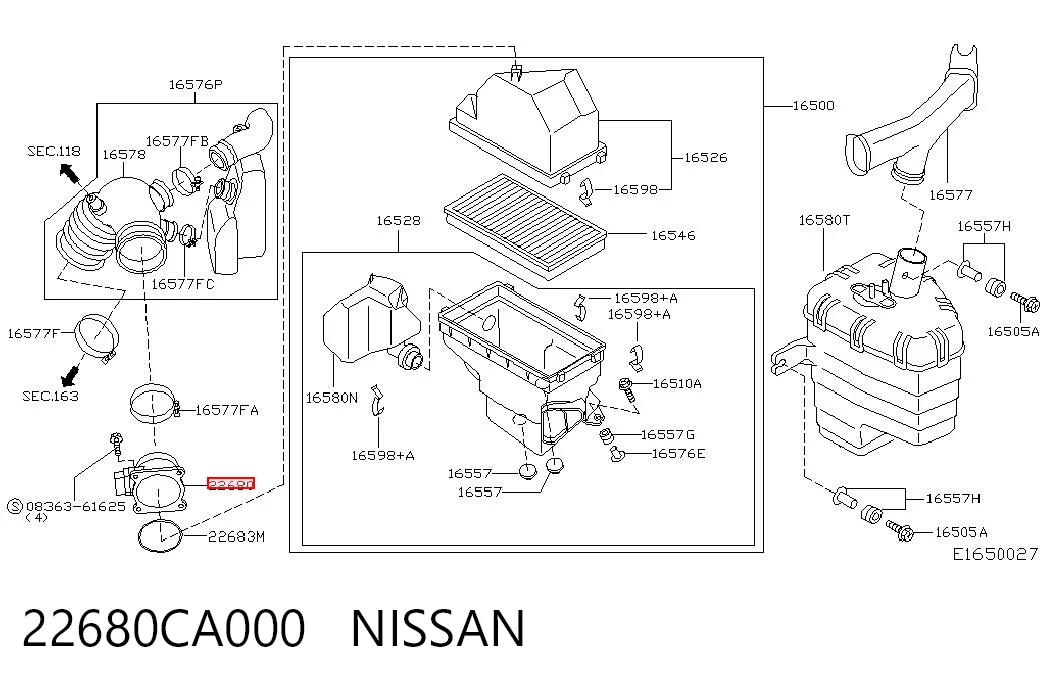 22680CA000 Nissan/Infiniti Sensor de fluxo (consumo) de ar, medidor de consumo M.A.F. - (Mass Airflow)