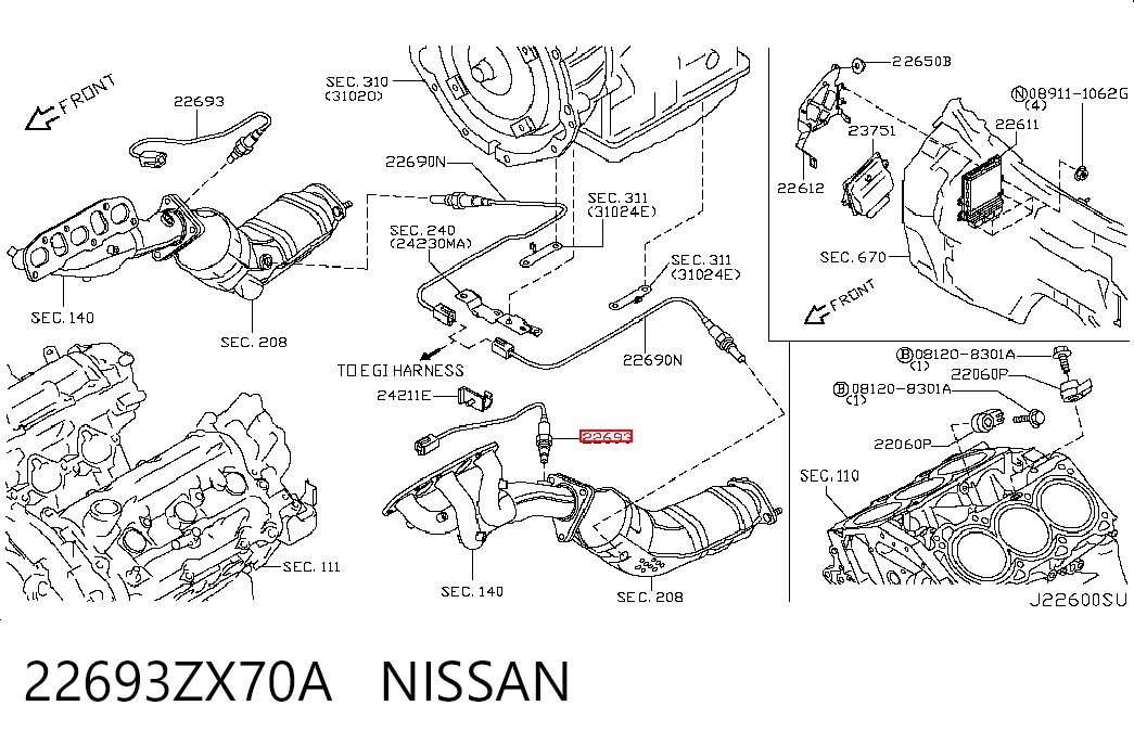 22693ZX70A Nissan/Infiniti Sonda lambda, sensor de oxigênio até o catalisador