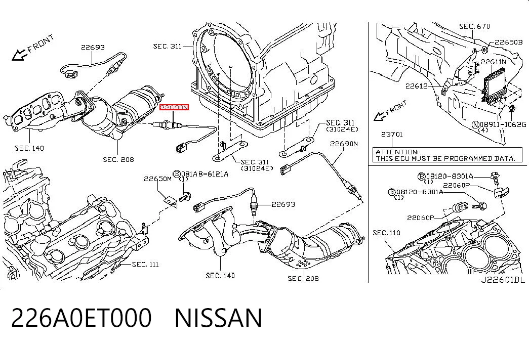 226A0ET000 Nissan/Infiniti Sonda lambda, sensor de oxigênio depois de catalisador