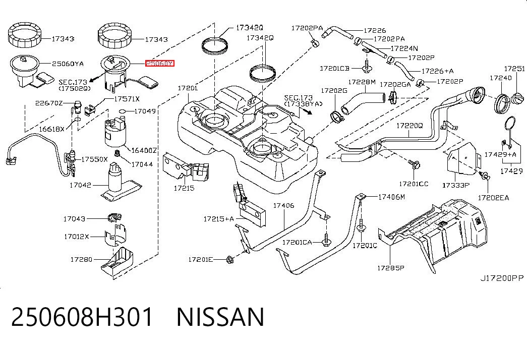 250608H301 Nissan/Infiniti Sensor esquerdo do nível de combustível no tanque
