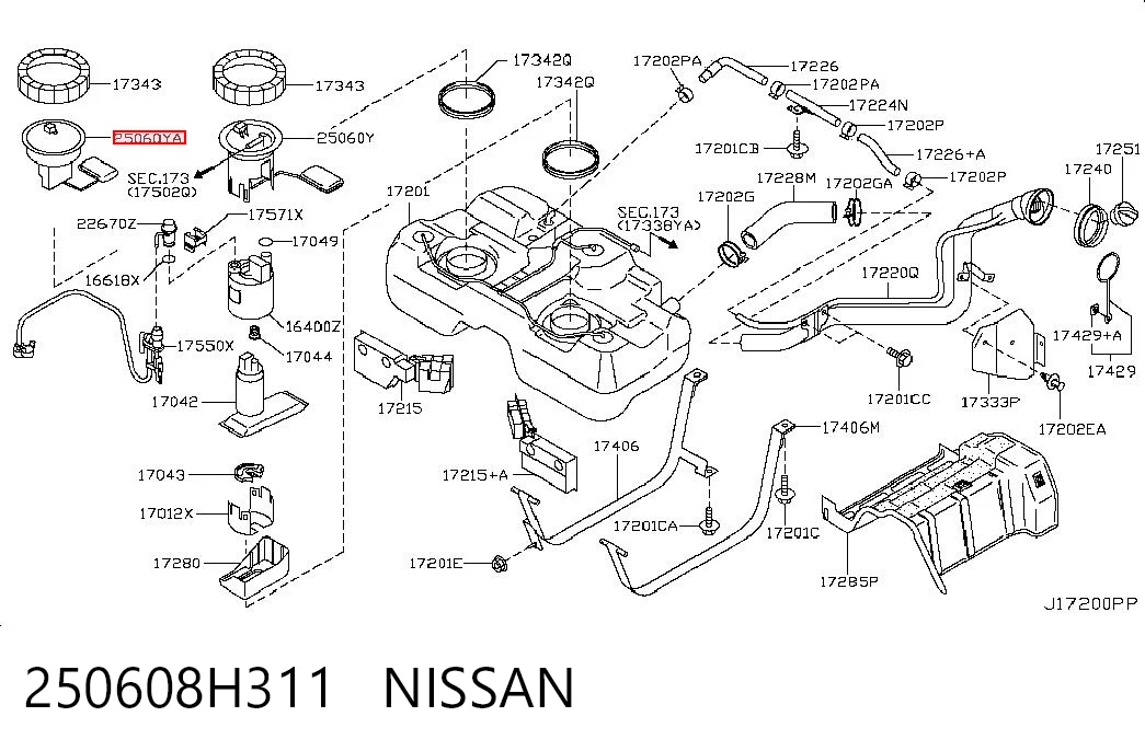 250608H311 Nissan/Infiniti Sensor direito do nível de combustível no tanque