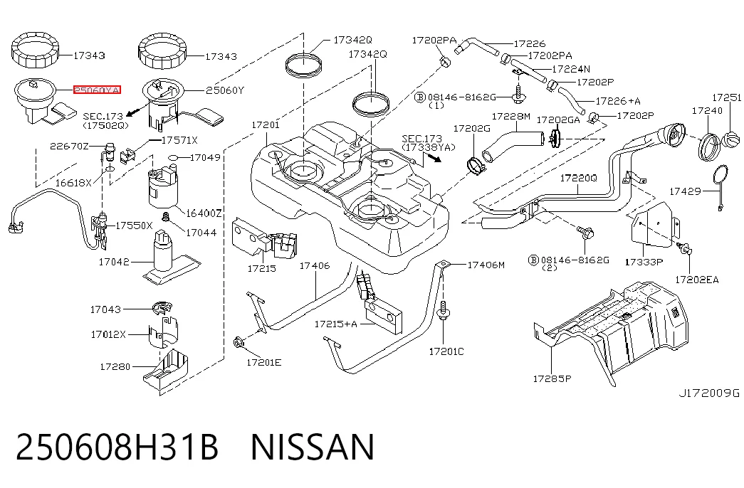 250608H31B Nissan/Infiniti Sensor direito do nível de combustível no tanque