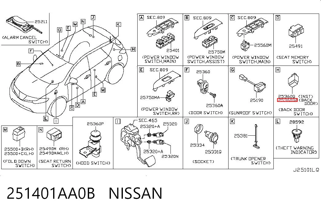 251401AA0B Nissan/Infiniti Botão de salão de acionamento de tampa de porta-malas (de 3ª/5ª porta (de tampa de alcapão)