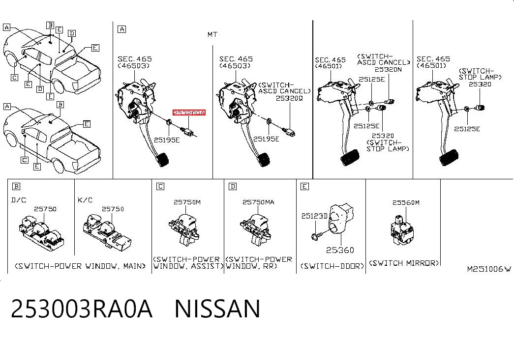 253003RA0A Nissan/Infiniti Sensor de ativação do sinal de parada