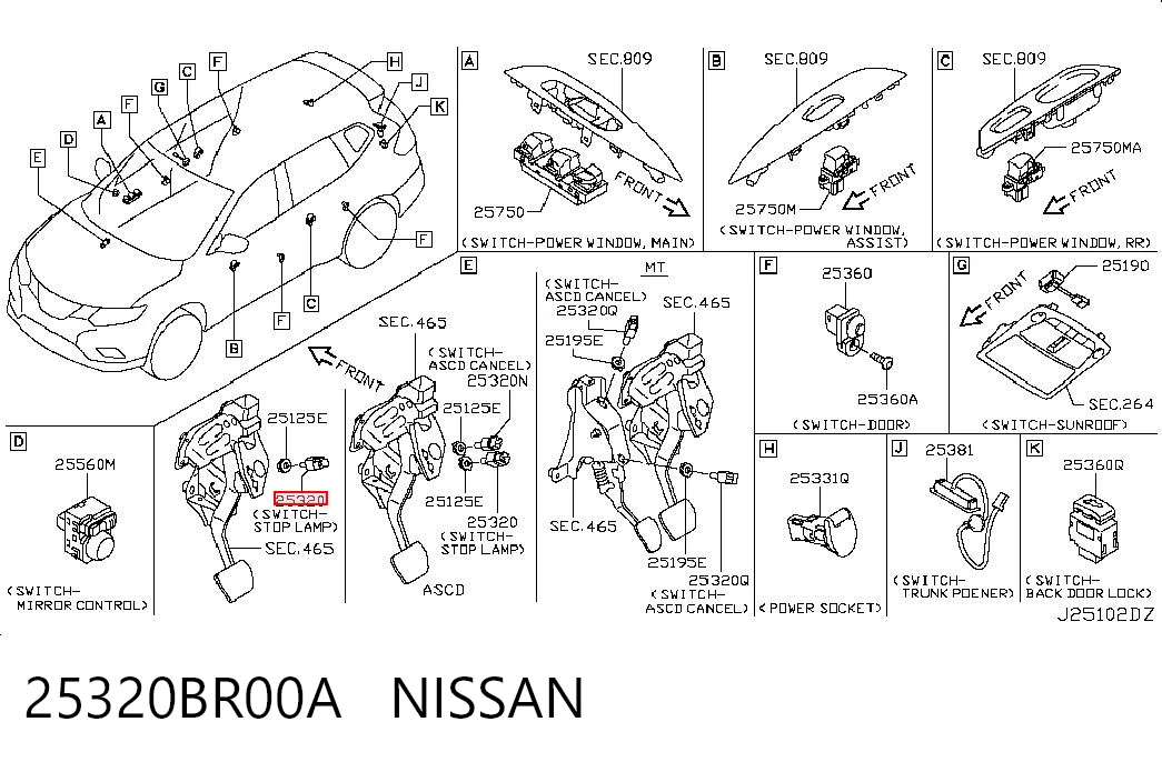 25320BR00A Nissan/Infiniti Sensor de ativação do sinal de parada
