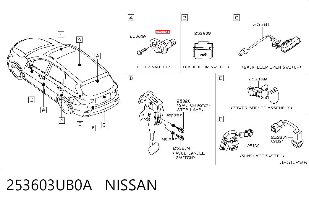 253603UB0A Nissan/Infiniti Sensor de fechamento de portas (interruptor de fim de carreira)