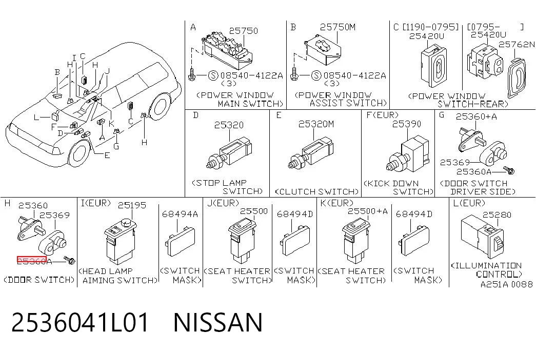 2536041L01 Nissan/Infiniti Sensor de fechamento de portas (interruptor de fim de carreira)