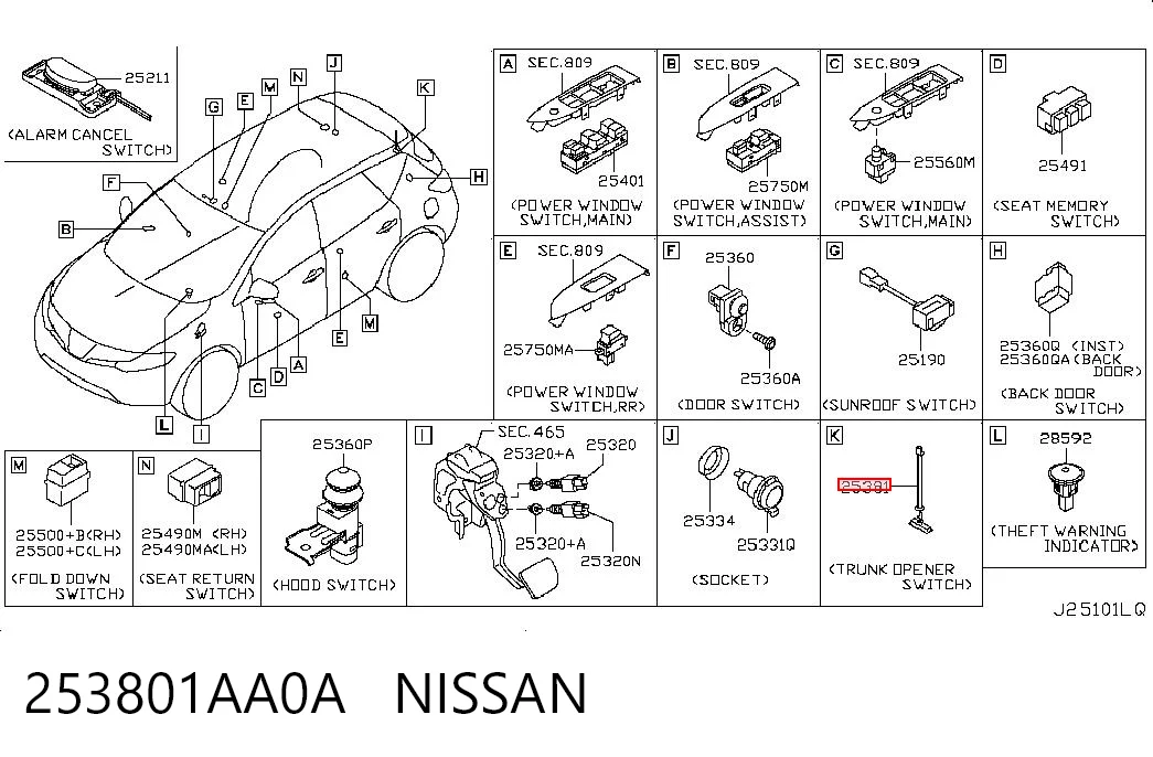 253801AA0A Nissan/Infiniti Unidade de botões dianteira direita de controlo de elevador de vidro