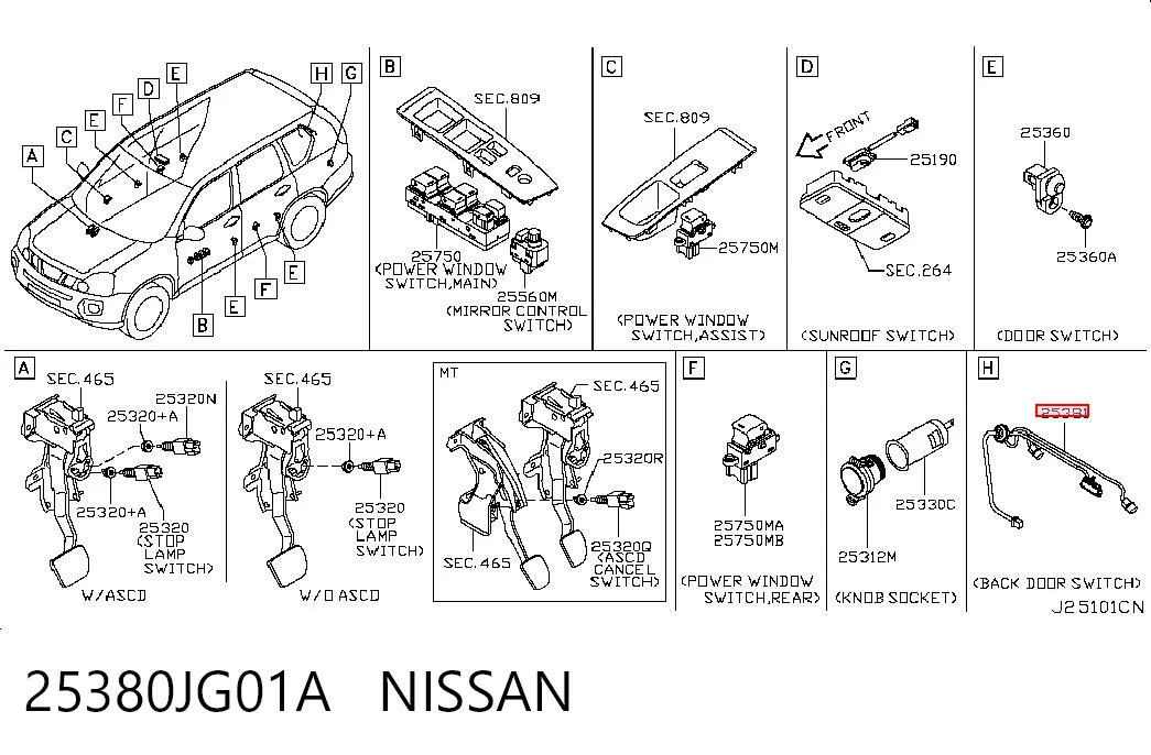 25380JG01A Nissan/Infiniti Botão de acionamento do fecho de tampa de porta-malas (de 3ª/5ª porta (de tampa de alcapão)