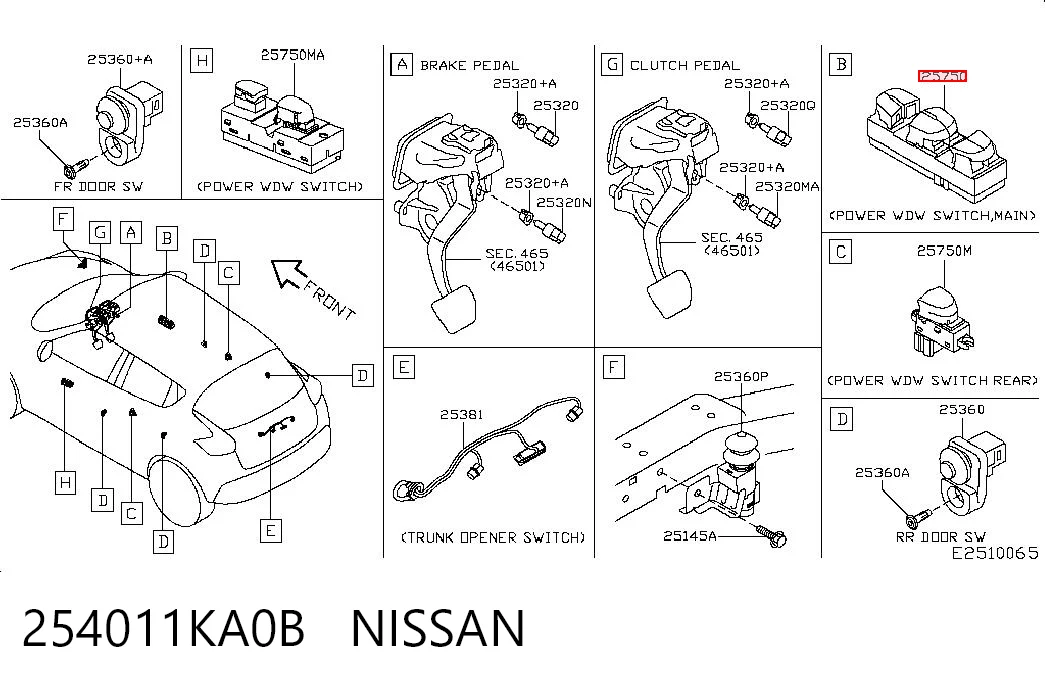 254011KA0B Nissan/Infiniti Unidade de botões dianteira esquerda de controlo de elevador de vidro