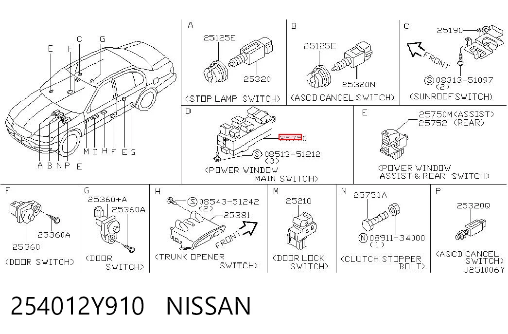254012Y910 Nissan/Infiniti Unidade de botões dianteira esquerda de controlo de elevador de vidro