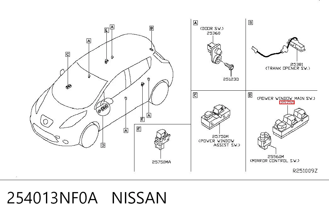254013NF0A Nissan/Infiniti Unidade de botões dianteira esquerda de controlo de elevador de vidro