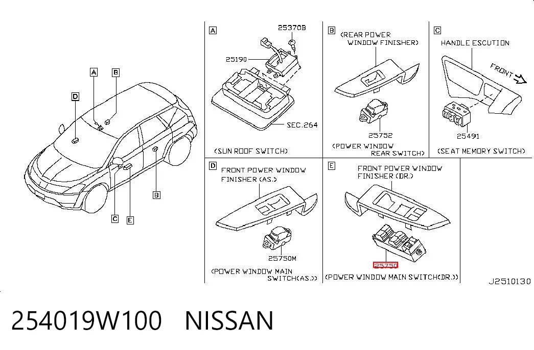 254019W100 Nissan/Infiniti Unidade de botões dianteira esquerda de controlo de elevador de vidro
