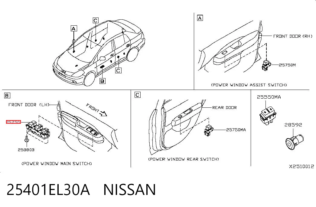 25401EL30A Nissan/Infiniti Unidade de botões dianteira esquerda de controlo de elevador de vidro