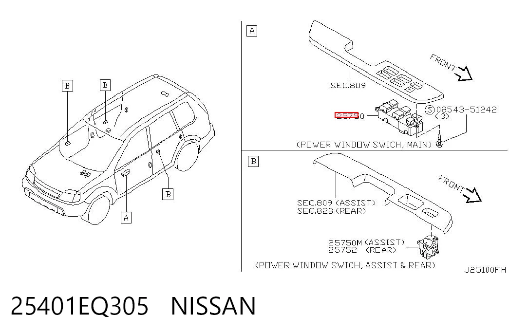 25401EQ305 Nissan/Infiniti Unidade de botões dianteira esquerda de controlo de elevador de vidro