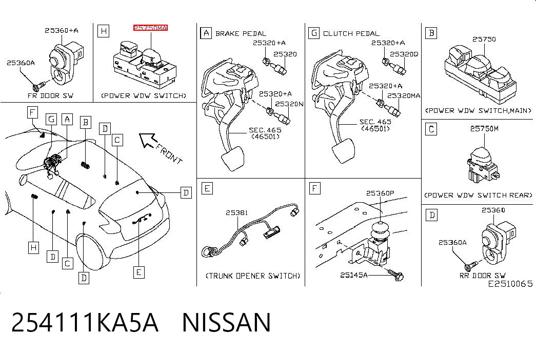 254111KA5A Nissan/Infiniti Botão dianteiro direito de ativação de motor de acionamento de vidro