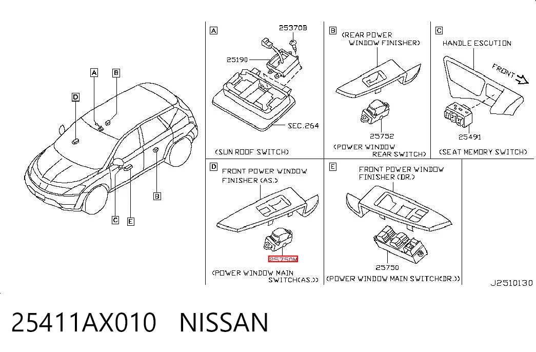 25411AX010 Nissan/Infiniti Botão dianteiro direito de ativação de motor de acionamento de vidro