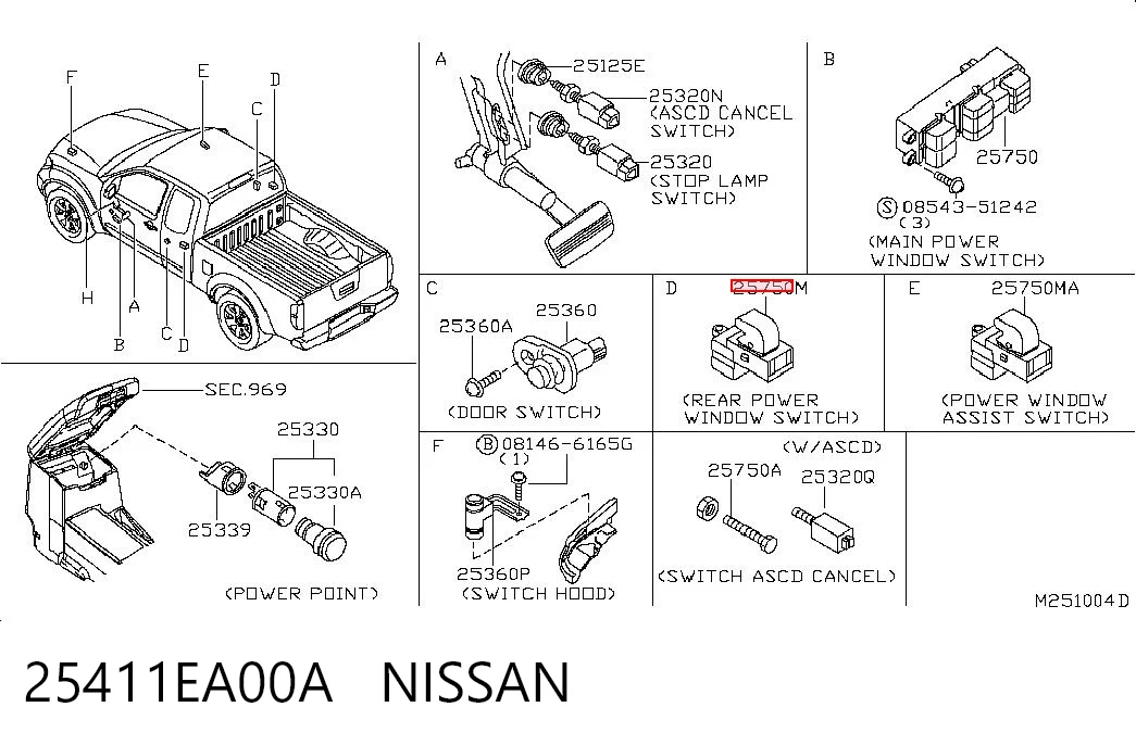 25411EA00A Nissan/Infiniti Botão traseiro de ativação de motor de acionamento de vidro