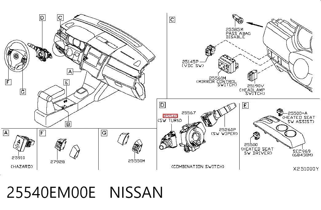 25540EM00E Nissan/Infiniti Comutador esquerdo instalado na coluna da direção