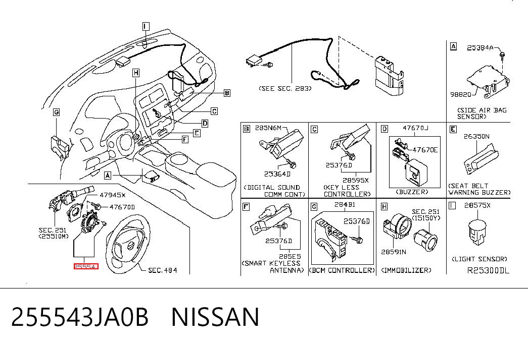 255543JA0B Nissan/Infiniti Anel AIRBAG de contato, cabo plano do volante