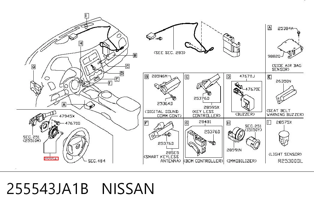 255543JA1B Nissan/Infiniti Anel AIRBAG de contato, cabo plano do volante
