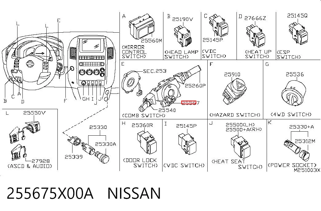 255675X00A Nissan/Infiniti Comutador instalado na coluna da direção, parte central