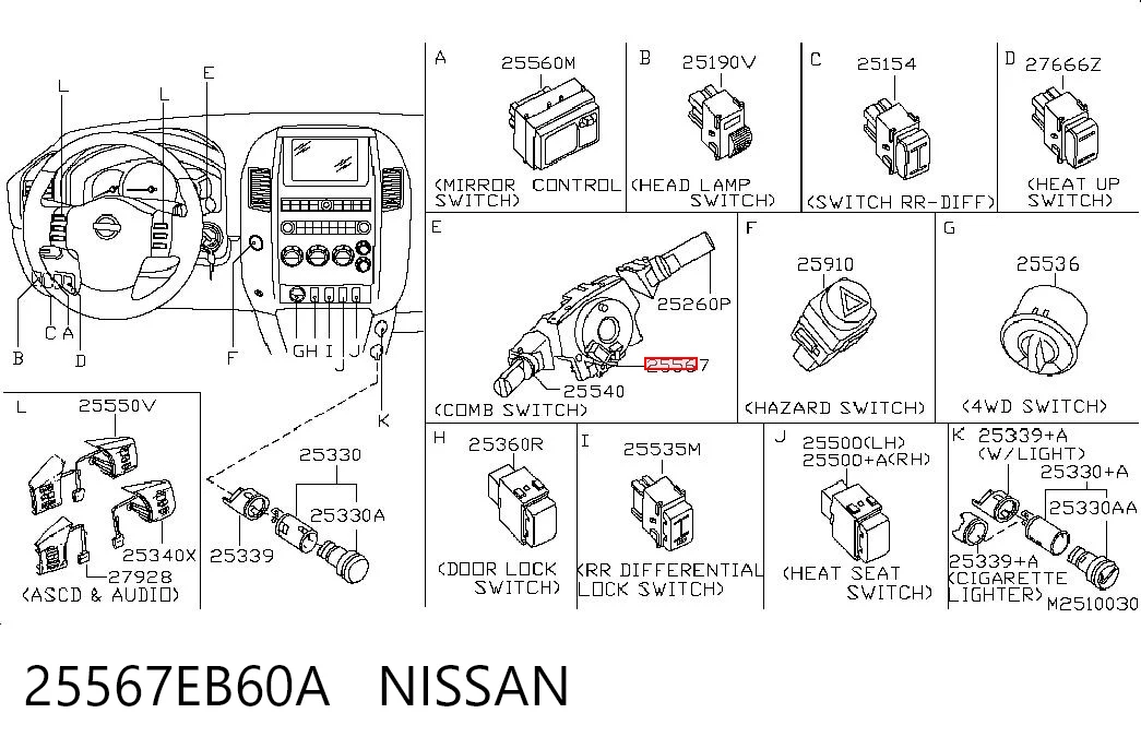 25567EB60A Nissan/Infiniti Anel AIRBAG de contato, cabo plano do volante
