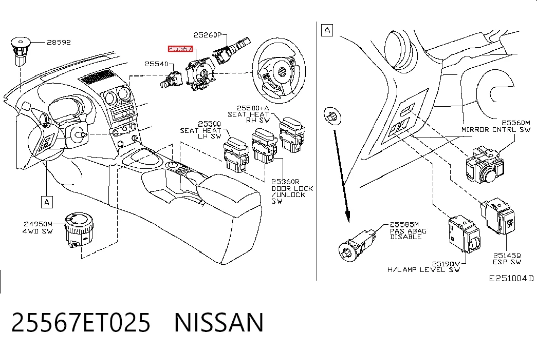 25567ET025 Nissan/Infiniti Comutador instalado na coluna da direção, parte central