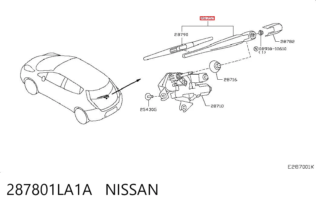 287801LA1A Nissan/Infiniti Braço de limpa-pára-brisas de vidro traseiro