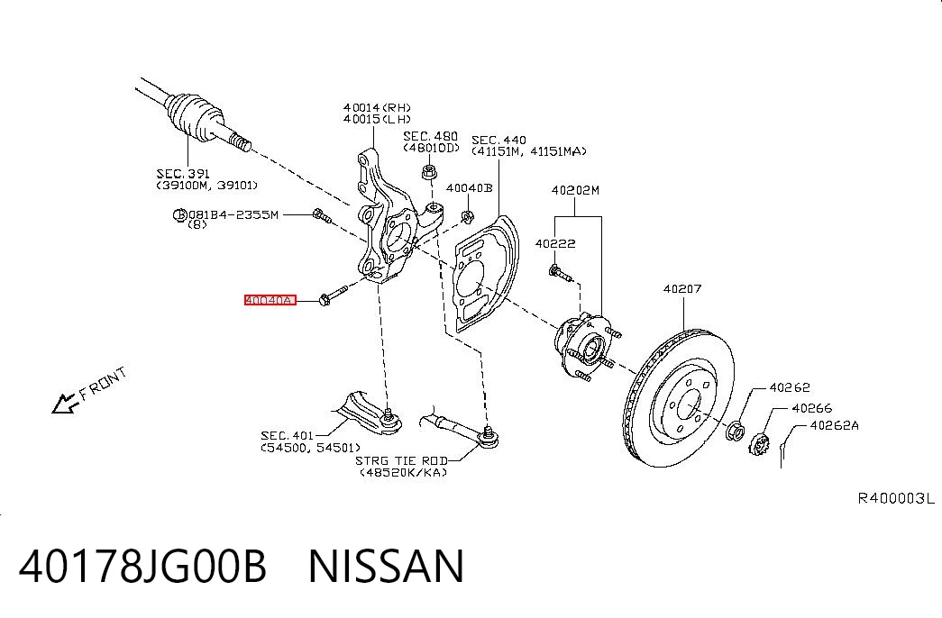 40178JG00B Nissan/Infiniti Parafuso de fixação de apoio esférico dianteiro ao pino de apoio