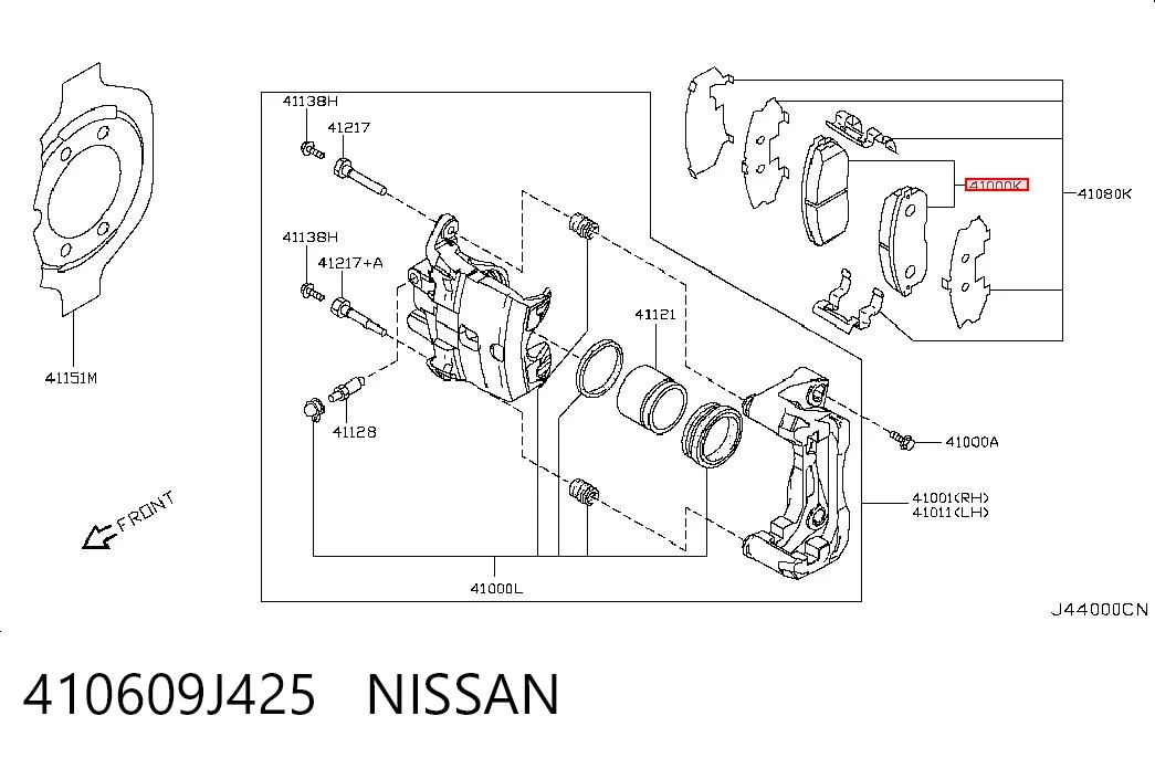 410609J425 Nissan/Infiniti Sapatas do freio dianteiras de disco