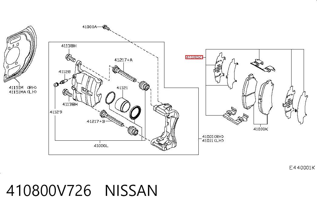 410800V726 Nissan/Infiniti Kit de molas de fixação de sapatas de disco dianteiras