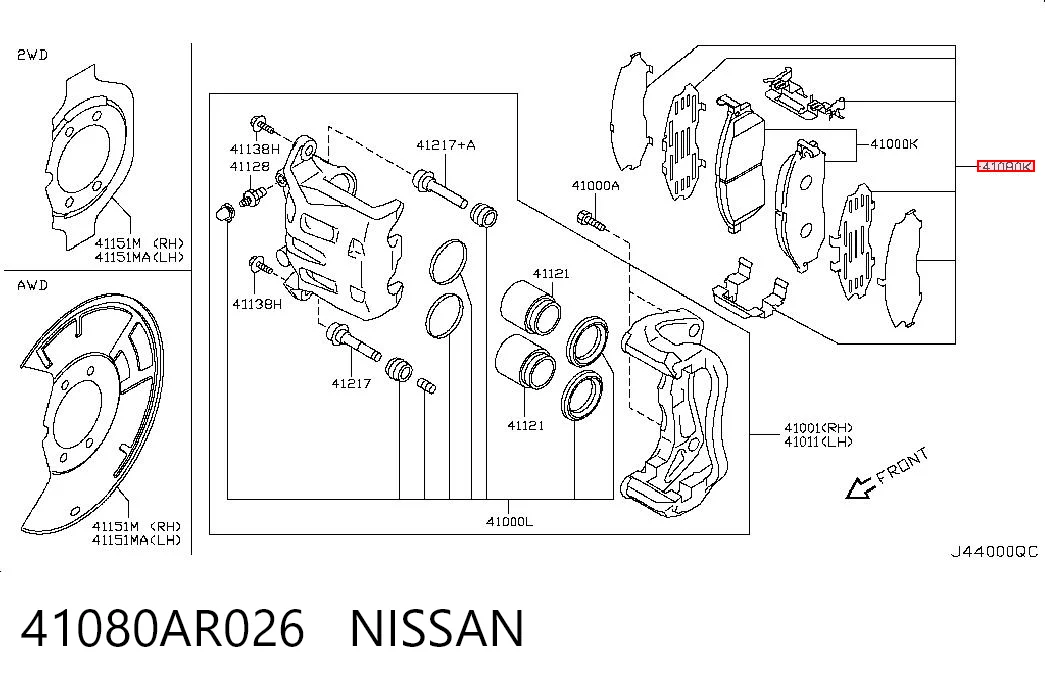 41080AR026 Nissan/Infiniti Sapatas do freio dianteiras de disco
