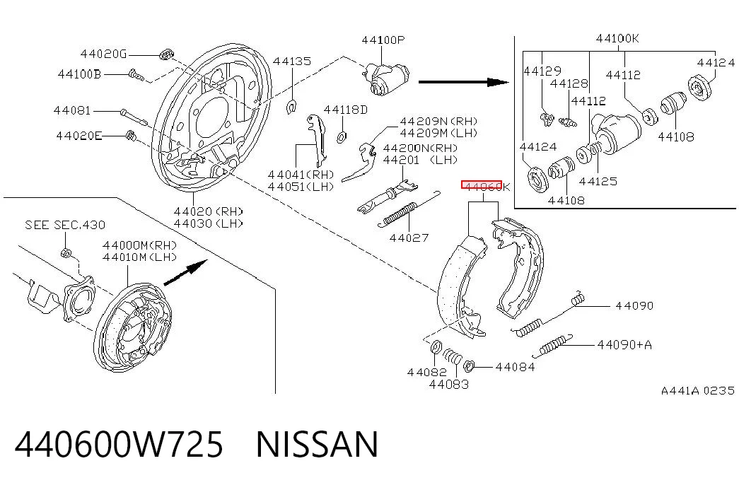 440600W725 Nissan/Infiniti Sapatas do freio traseiras de tambor
