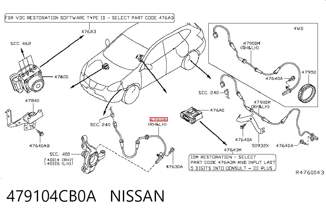 479104CB0A Nissan/Infiniti Sensor dianteiro de ABS