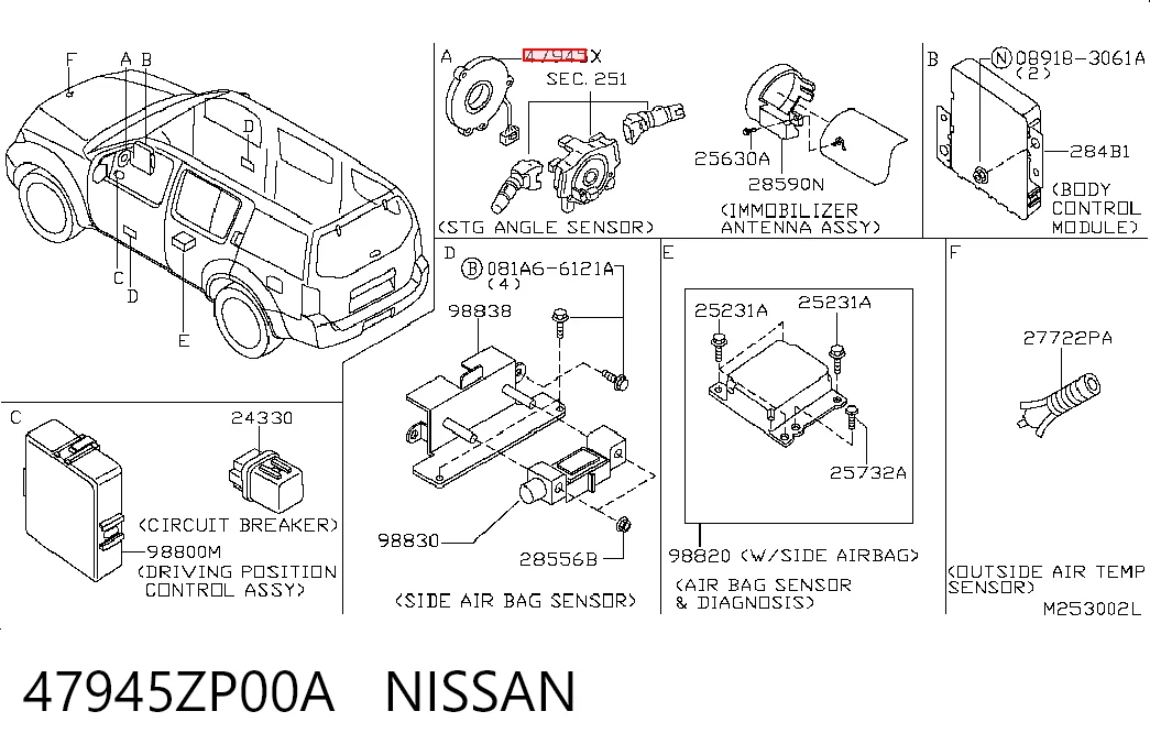  Sensor do ângulo de viragem do volante de direção Nissan Pathfinder SUV (R51M) (2005 - 2012) 