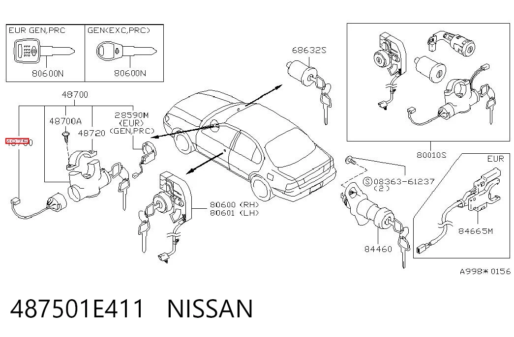 487501E411 Nissan/Infiniti Grupo de contato de fecho de ignição