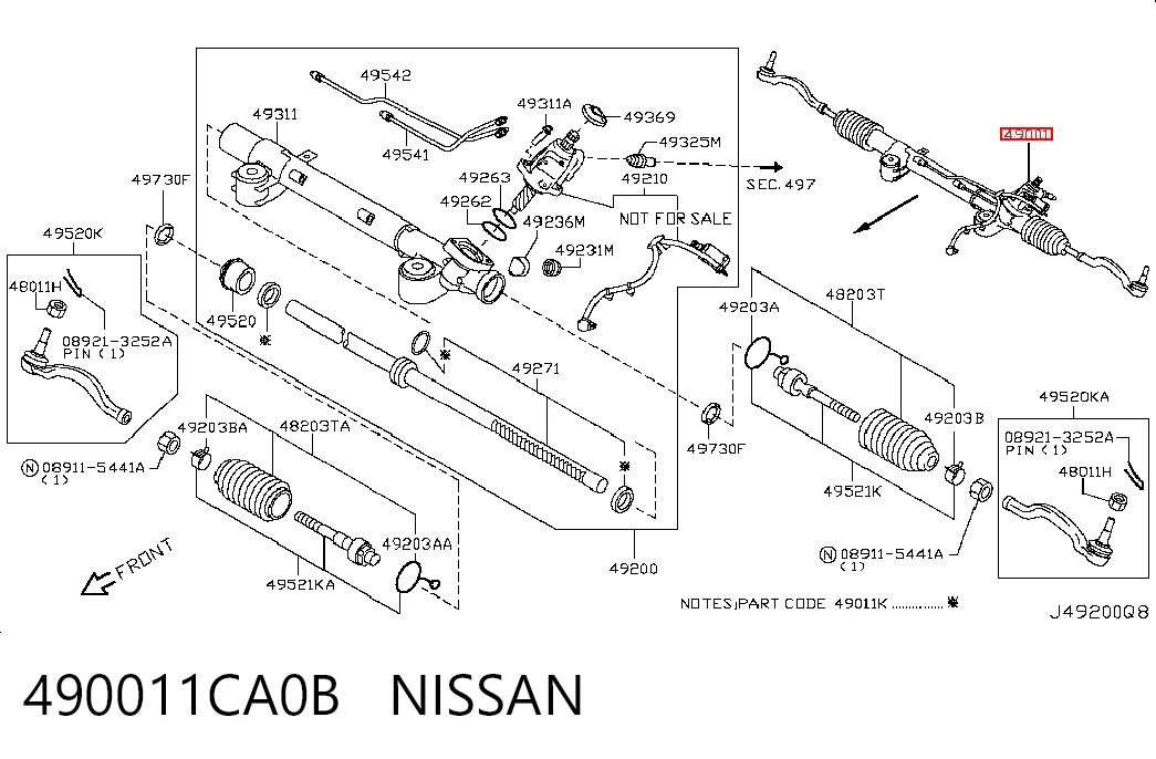 490011CA0B Nissan/Infiniti Cremalheira da direção