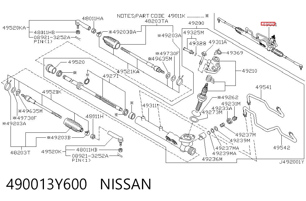 490013Y600 Nissan/Infiniti Cremalheira da direção