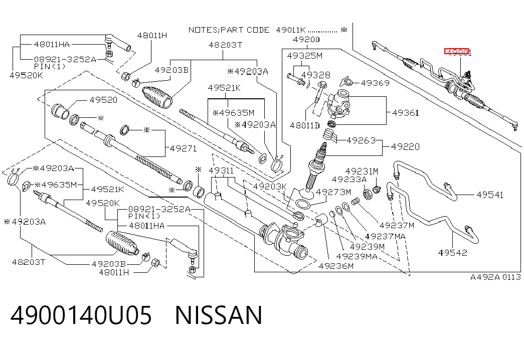 4900140U05 Nissan/Infiniti Cremalheira da direção