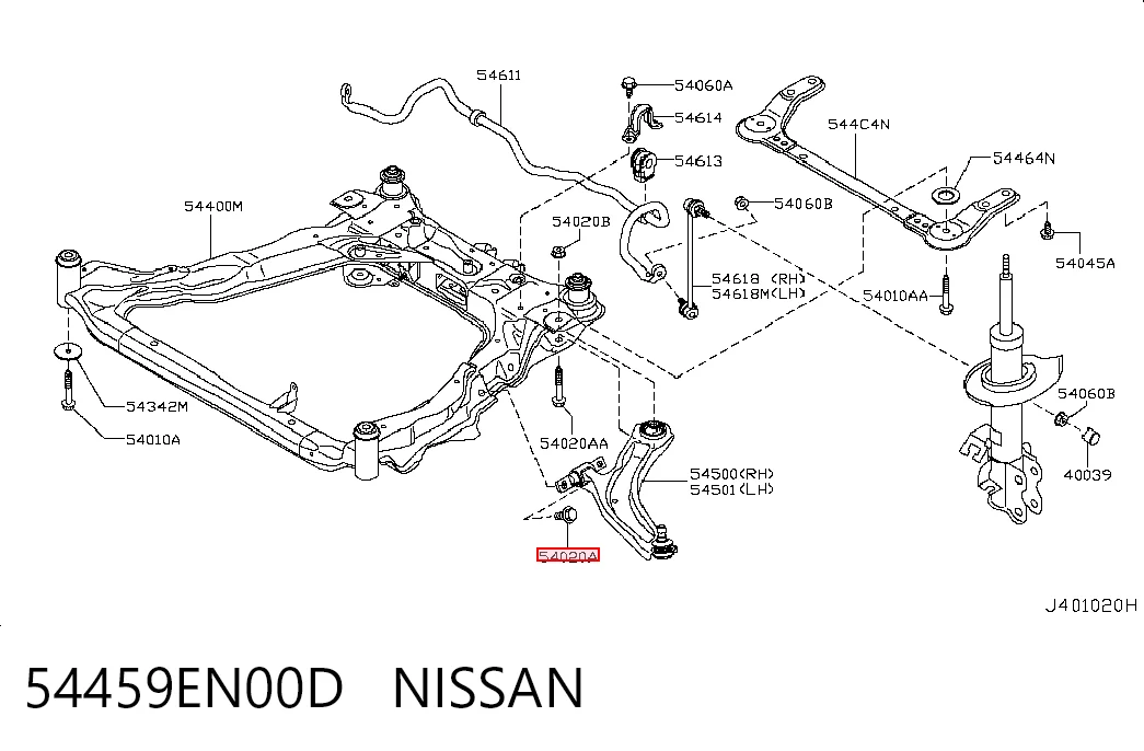 54459EN00D Nissan/Infiniti Parafuso de fixação de braço oscilante dianteiro, inferior