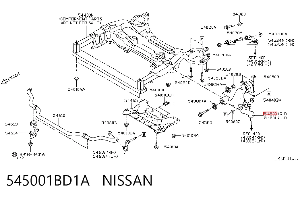 545001BD1A Nissan/Infiniti Braço oscilante inferior direito de suspensão dianteira
