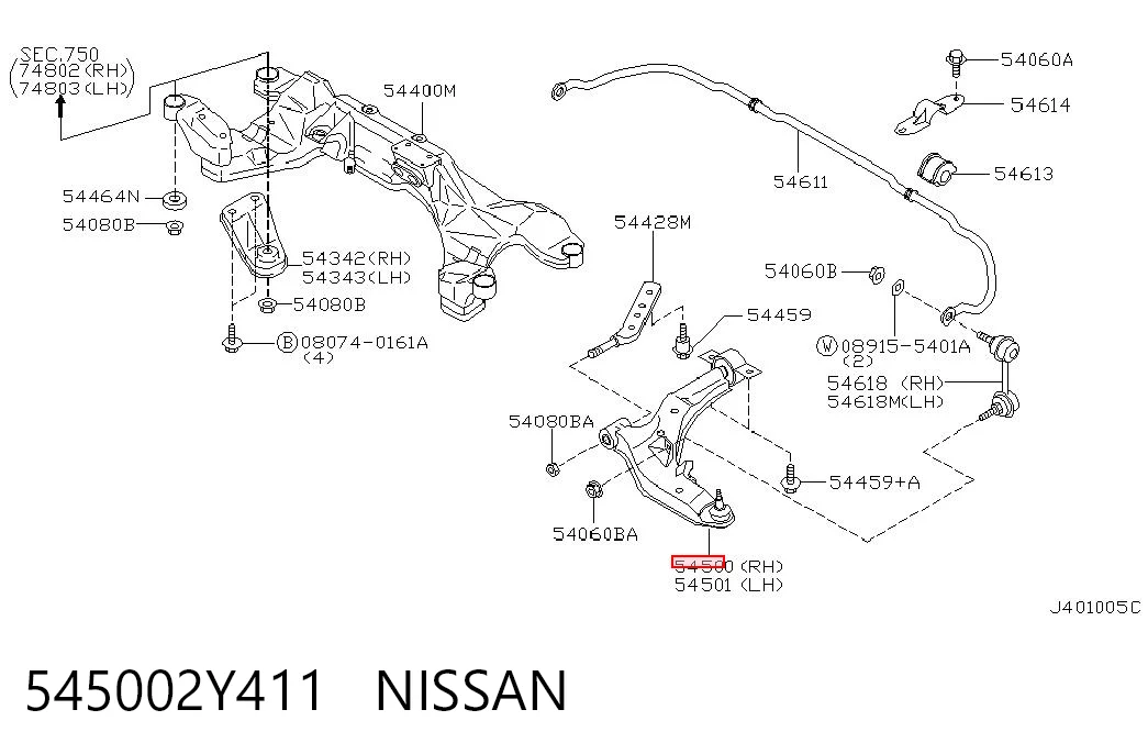 545002Y411 Nissan/Infiniti Braço oscilante inferior direito de suspensão dianteira