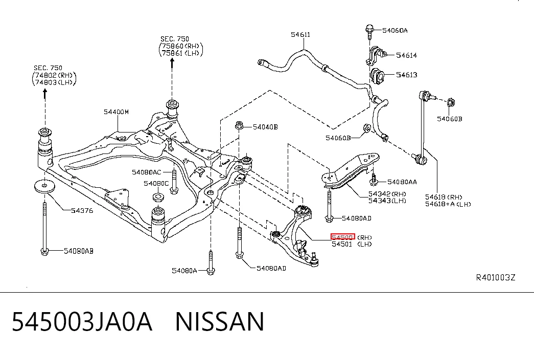 545003JA0A Nissan/Infiniti Braço oscilante inferior direito de suspensão dianteira