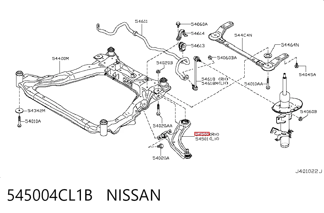 545004CL1B Nissan/Infiniti Braço oscilante inferior direito de suspensão dianteira