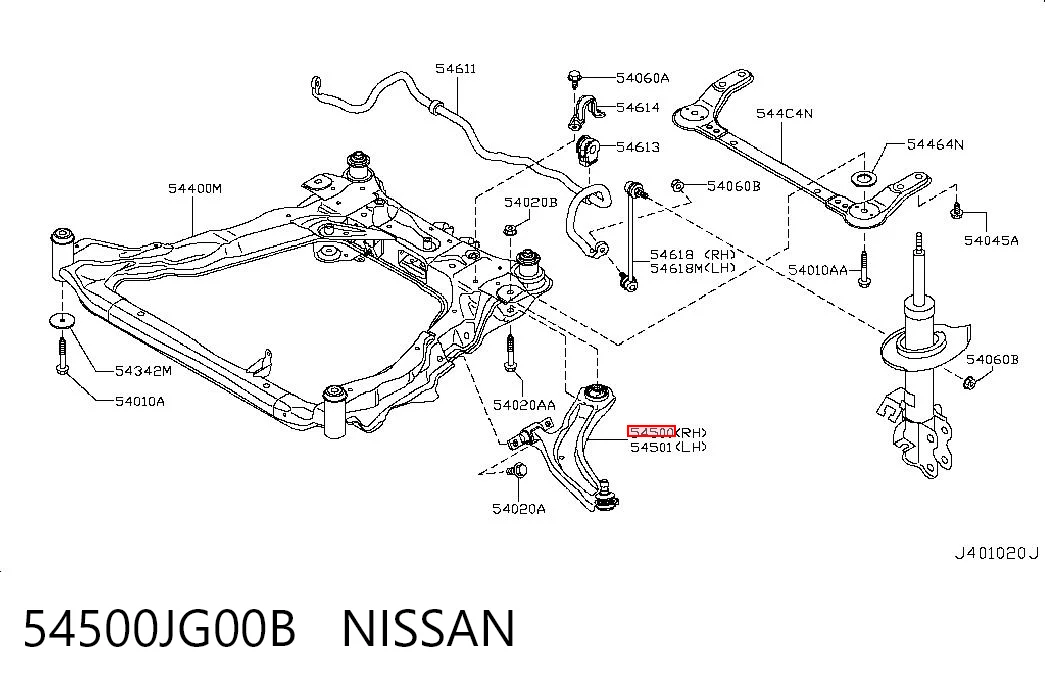 54500JG00B Nissan/Infiniti Braço oscilante inferior direito de suspensão dianteira